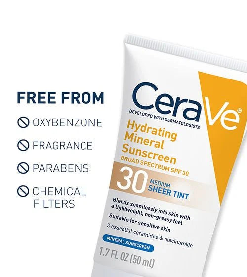Cerave Hydrating Mineral Sunscreen SPF 30 Face Sheer Tint 50ml